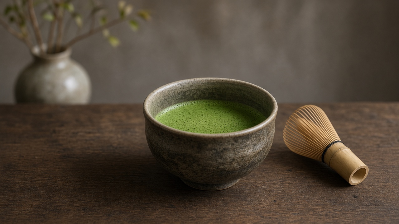 Cuenco chawan con matcha batido de color verde intenso y espuma fina