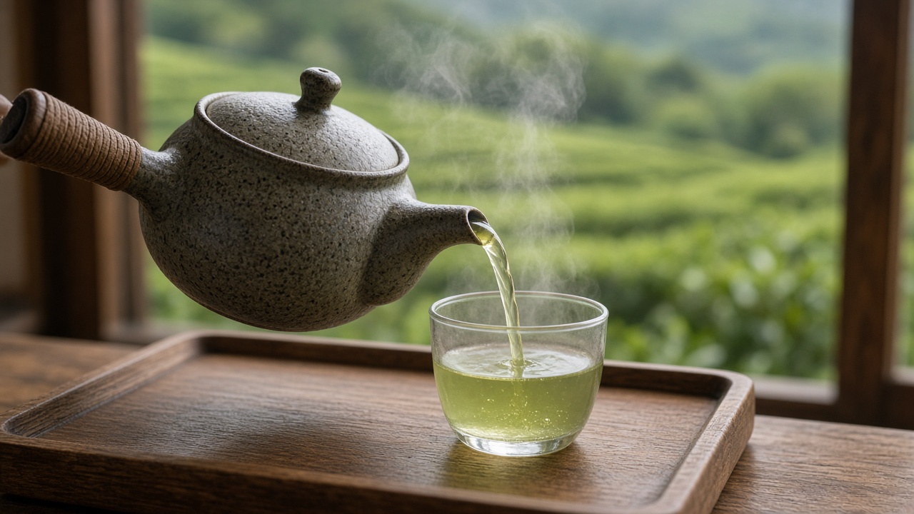 Chorrito de sencha ámbar-verde sirviéndose en una taza de cerámica