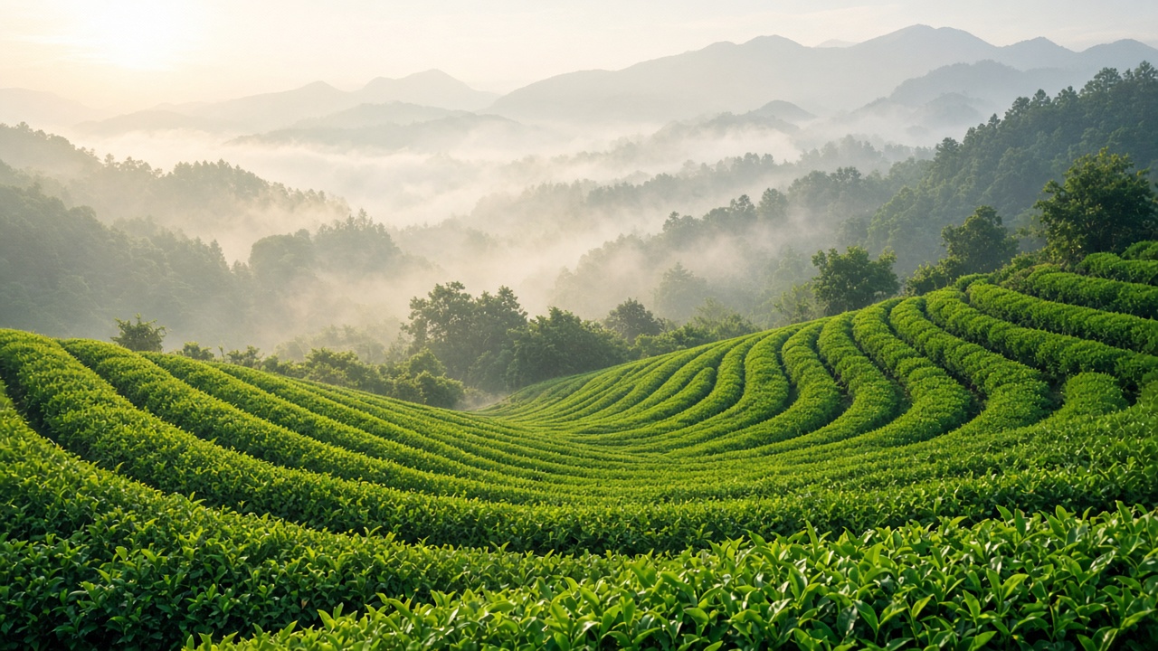 Campos de té verdes al amanecer entre colinas, con bruma suave y luz dorada